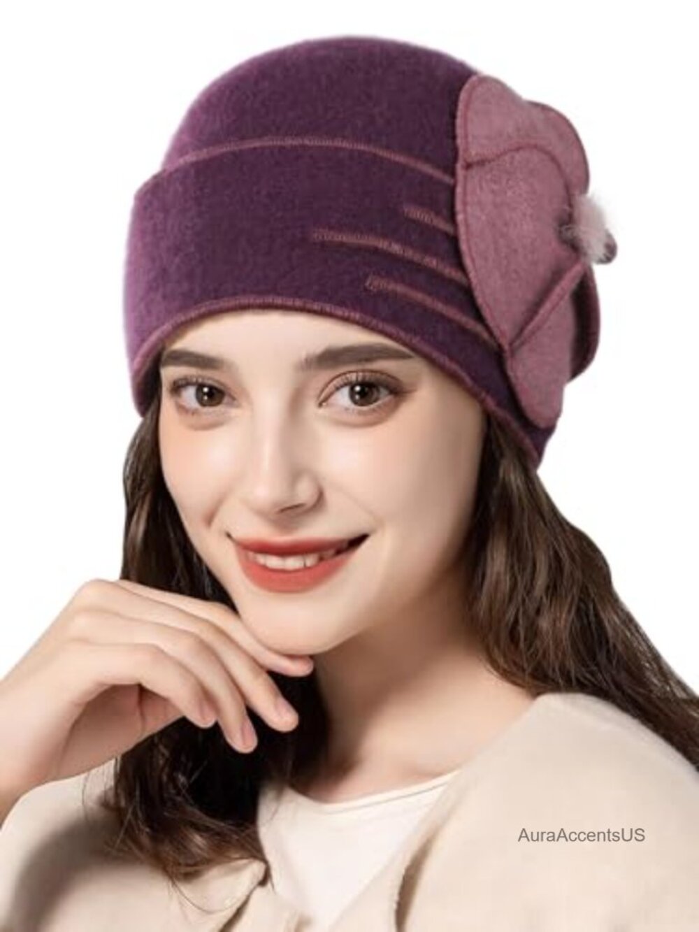 Wool Beanie Hat Women Skull Cap Floral French Vintage Winter Slouchy